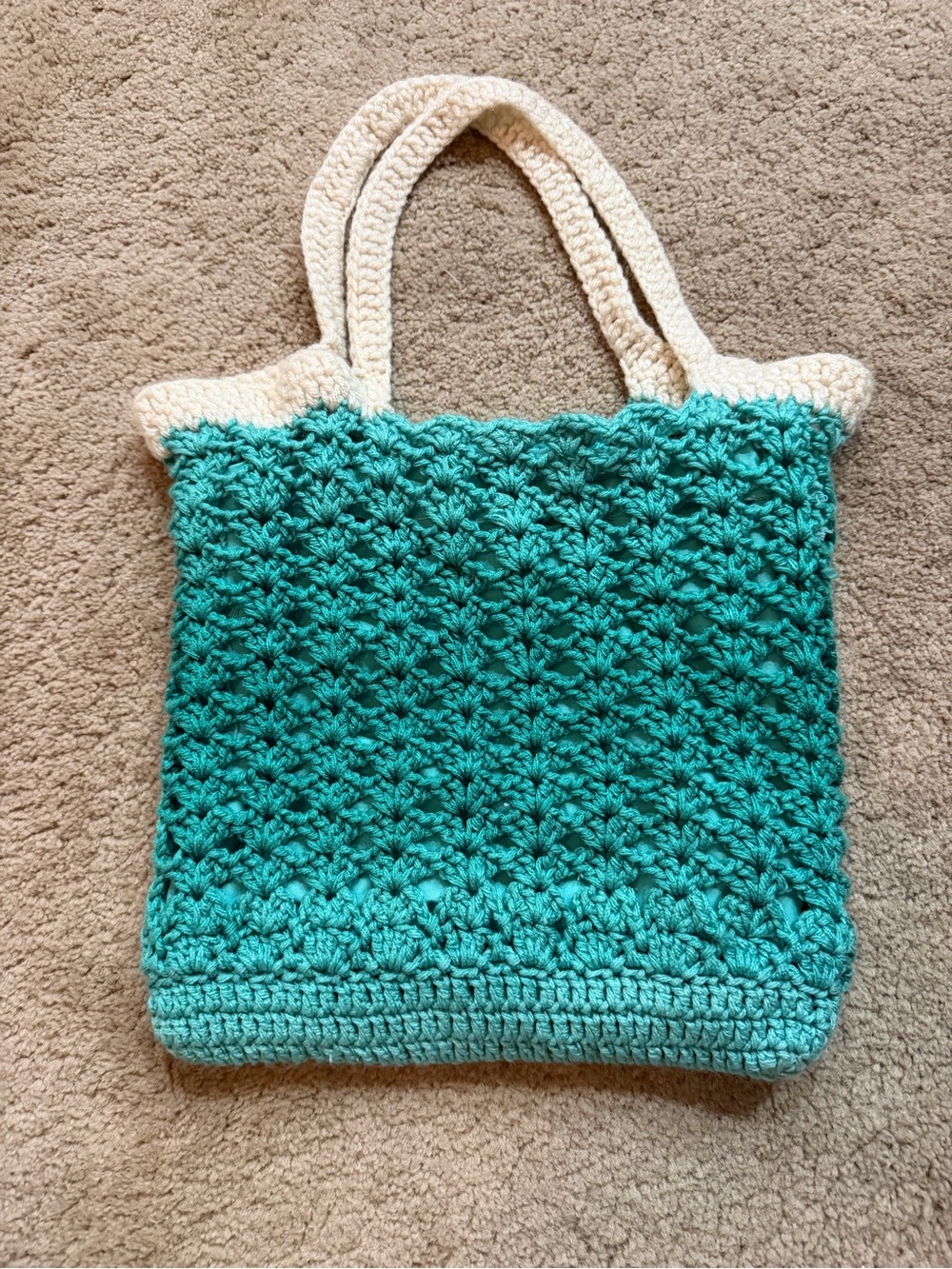 Handmade Knit/crochet Tote in Teal & Cream-Like New
